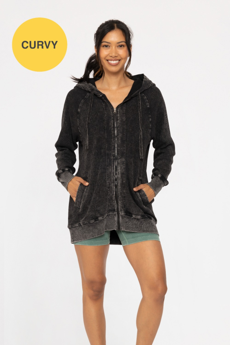 CURVY Oversized Mineral-Washed Zip-Up Hooded Jacket (KJ12071P)