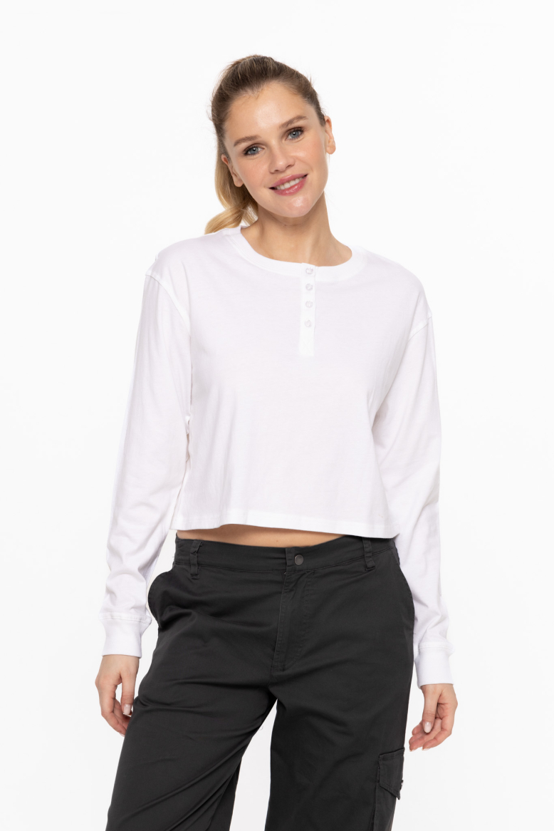 Organic Cotton Chic Crew Neck Henley Long Sleeve Top (KT5017)