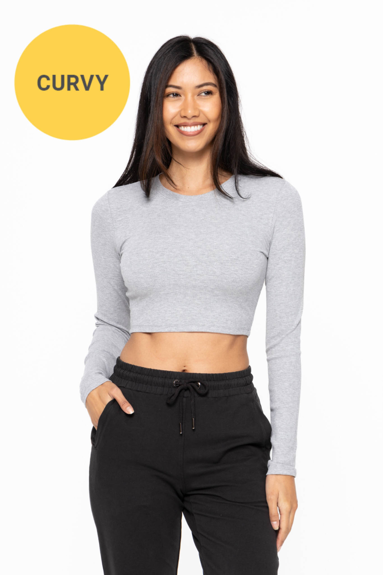 CURVY Essential Micro-Ribbed Long-Sleeved Cropped Athleisure Top (KTS12265P)