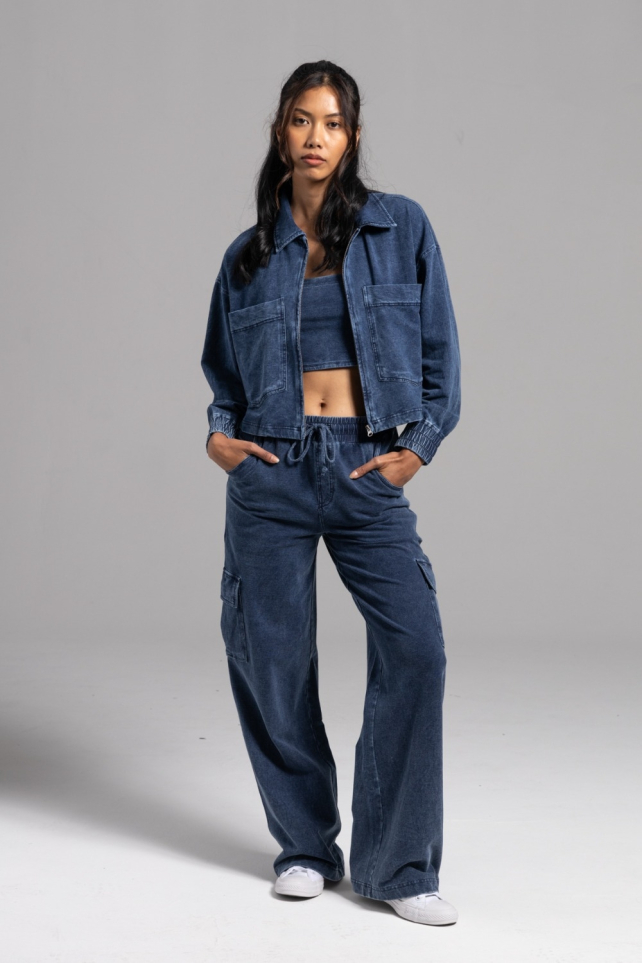 Mineral Wash Wide Leg Cotton Cargo Pants(KPR12236)