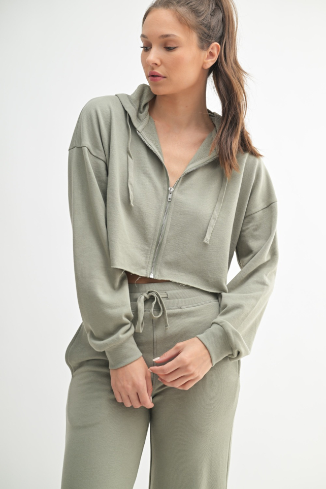 Crop Hoodie Zip-Up French Terry Jacket(9755)