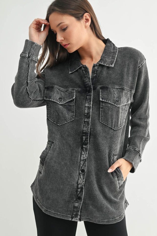Waffle Knit Mineral-Washed Button Down Jacket(KJ11847)