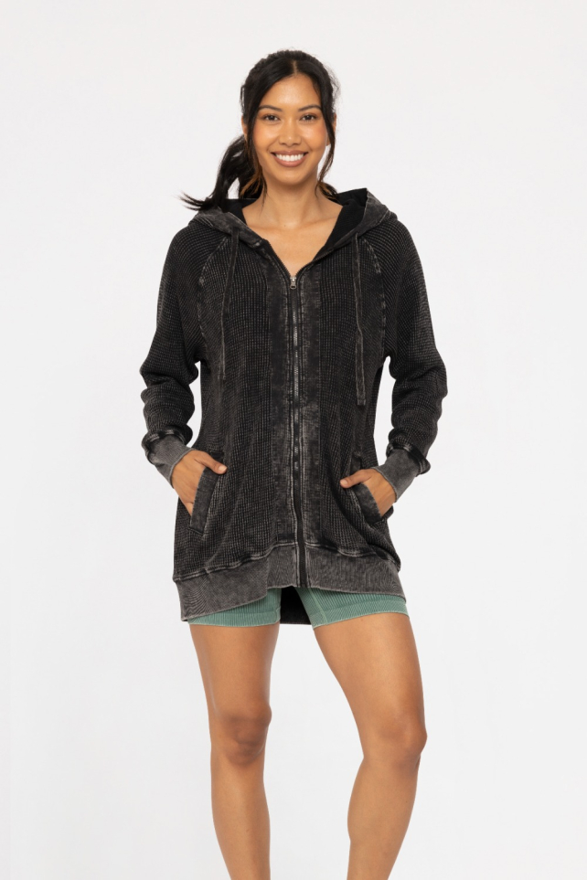 Oversized Mineral-Washed Zip-Up Hooded Jacket(KJ12071)