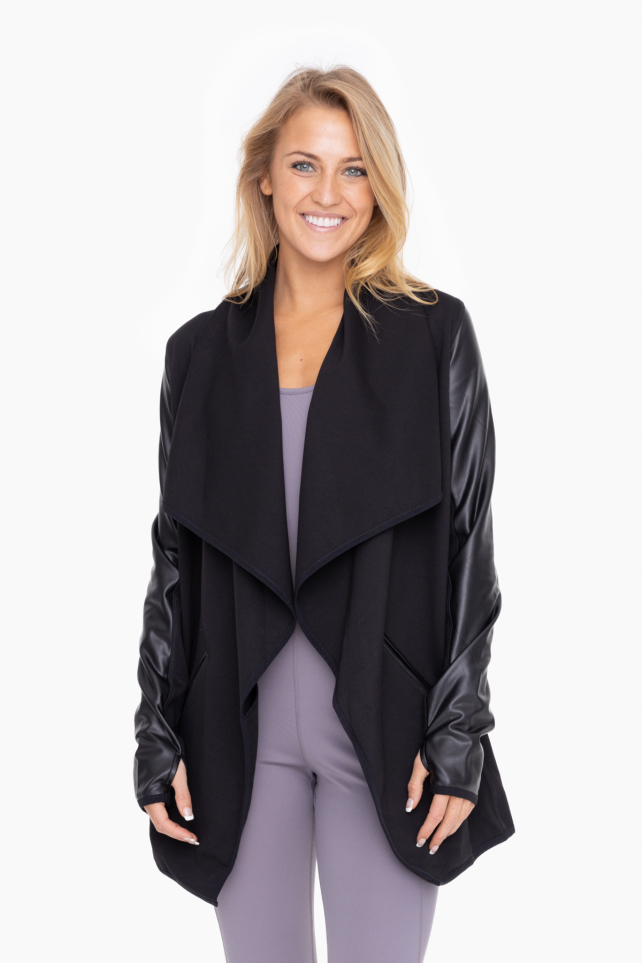 Leather Detail Waterfall Cardigan (KJ12178)