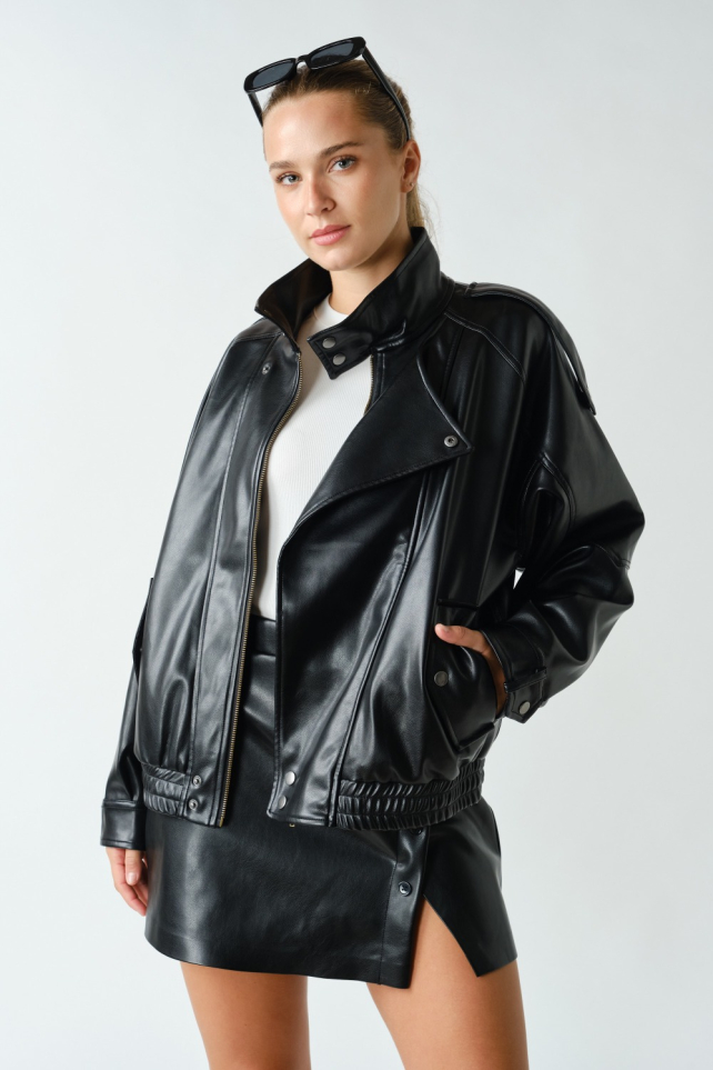 Vegan-Leather Downtown Moto Bomber Jacket(KJ6026)