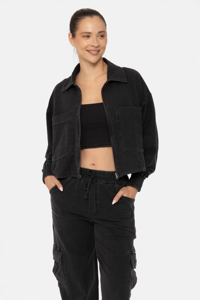 Mineral Wash Boxy Cropped Cotton Jacket (KJR12238)