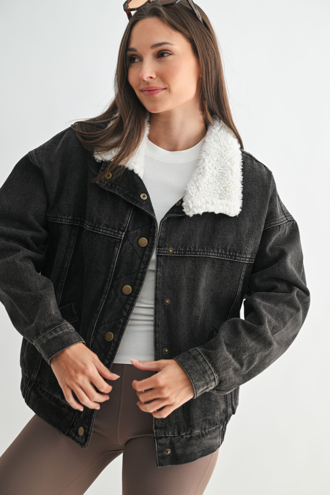 Sherpa Collar Oversized Denim Jacket (KJS12041)