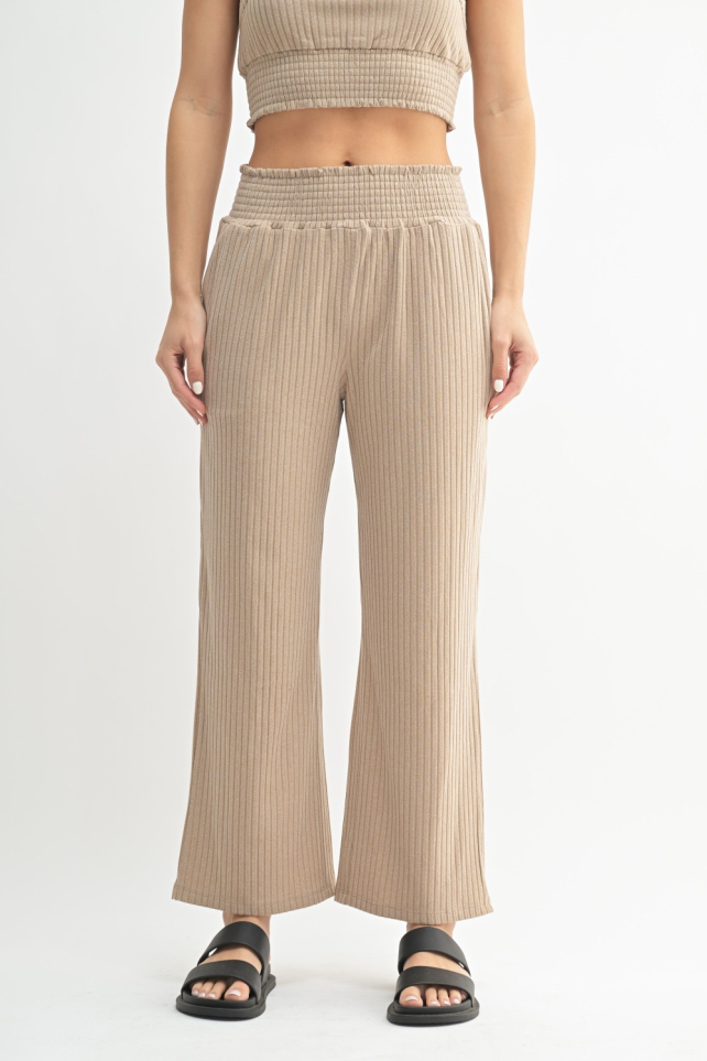 Smocked Waistband Ribbed Wide Leg Pants (KP5021)