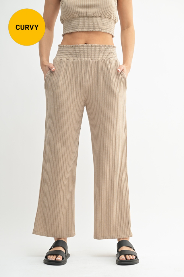 CURVY Smocked Waistband Ribbed Wide Leg Pants(KP5021P)