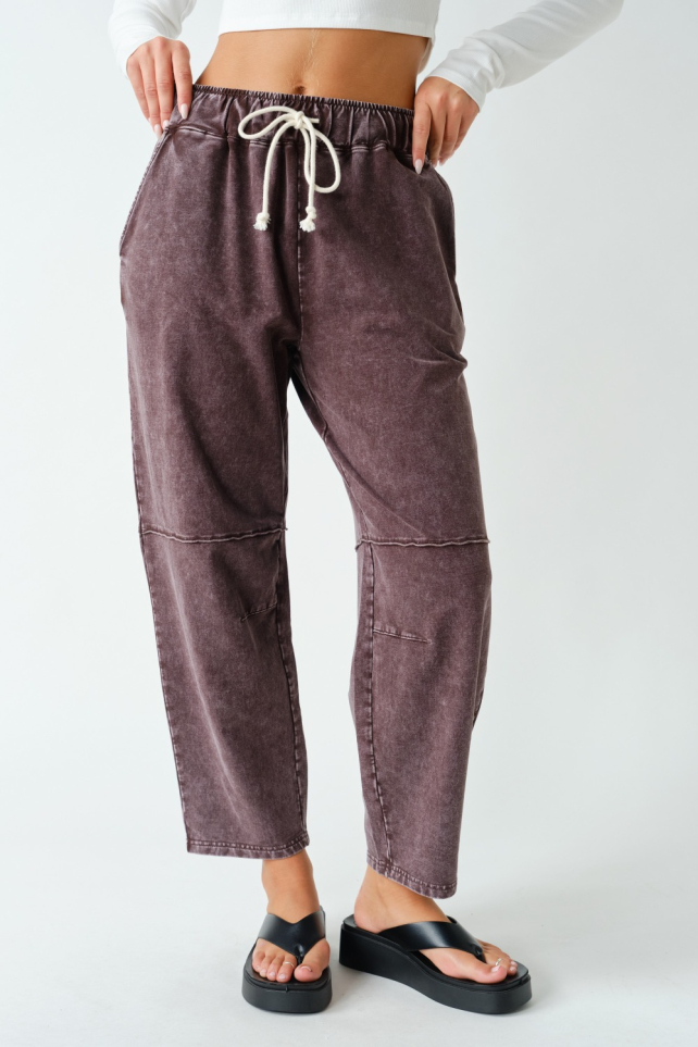 Cotton Blend Mineral Wash Cropped Straight Leg Pants(KP5349)