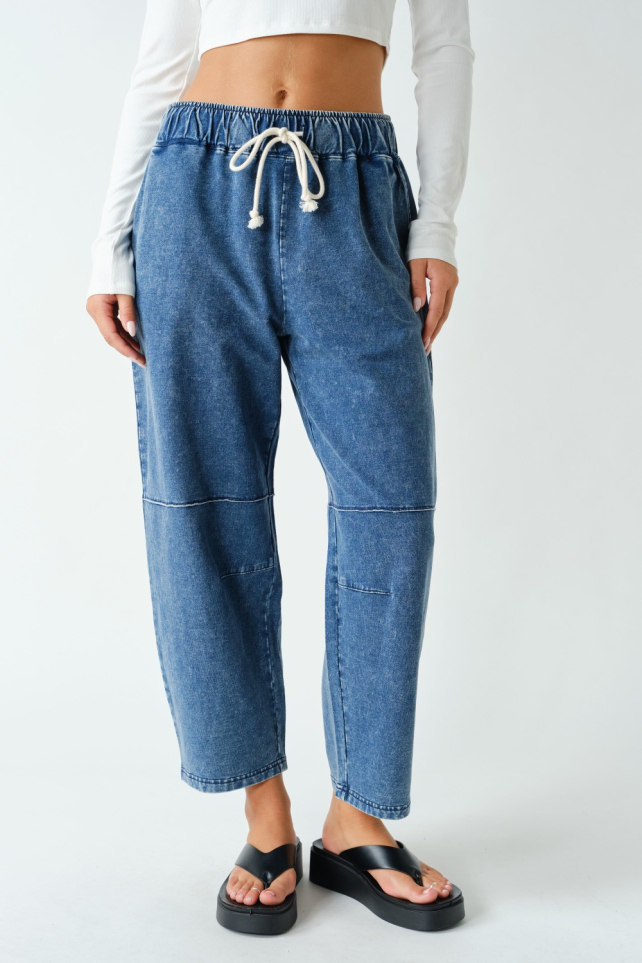 Mineral Wash Stretch-Denim Cropped Straight Leg Pants(KP5349)
