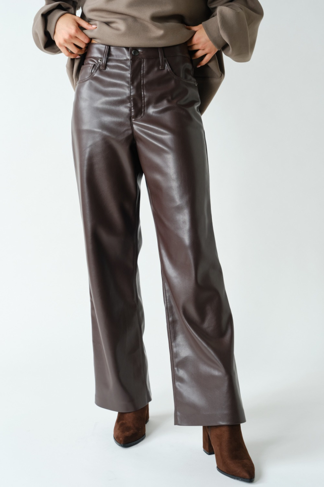 Vegan Leather High-Rise Wide Leg Pants(KP5998)