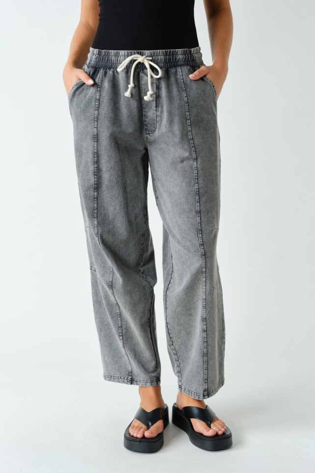 Mineral Wash Easy-Fit Stretch-Denim Drawstring Pants(KP6109)