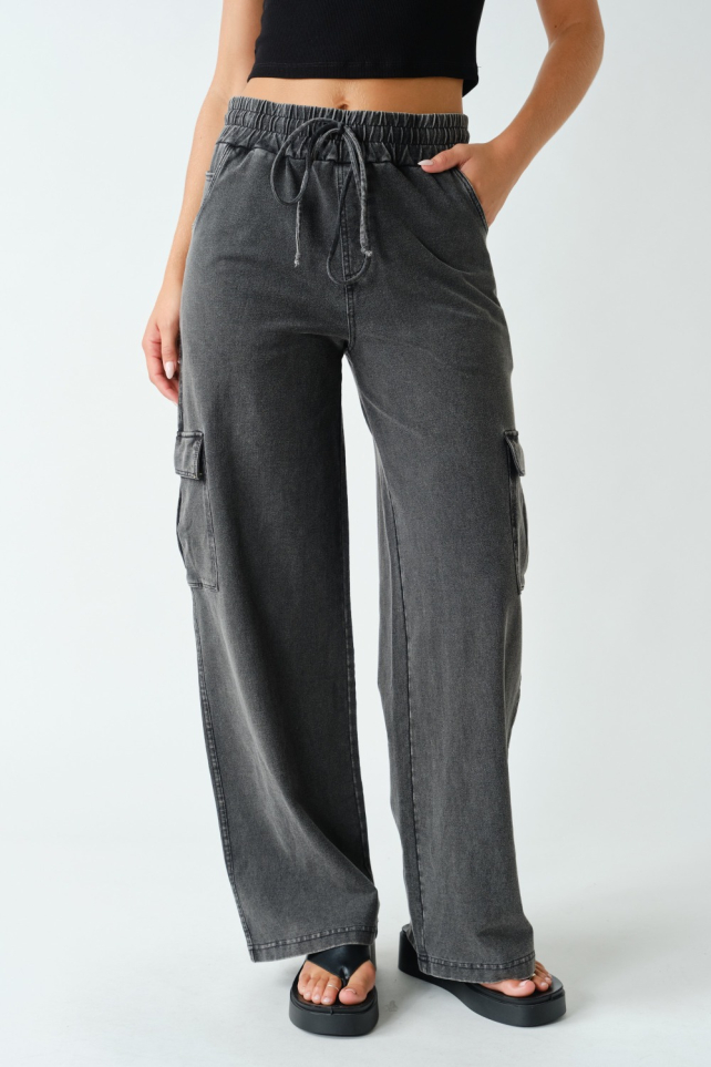 Mineral Wash Wide Leg Stretch-Denim Cotton Cargo Pants(KPR12236)