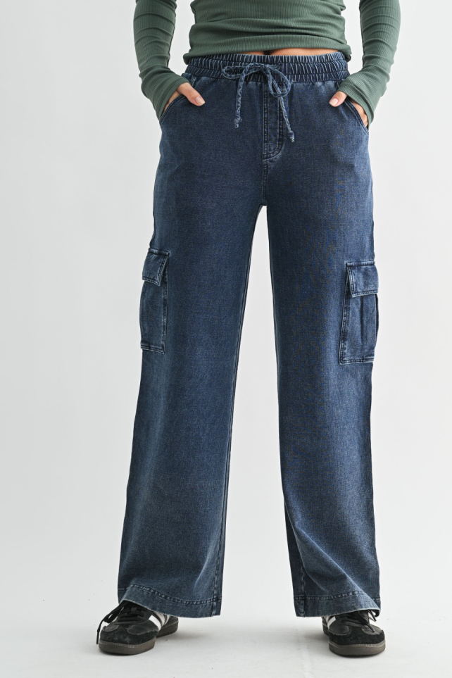 Mineral Wash Wide Leg Cotton Cargo Pants(KPR12236)