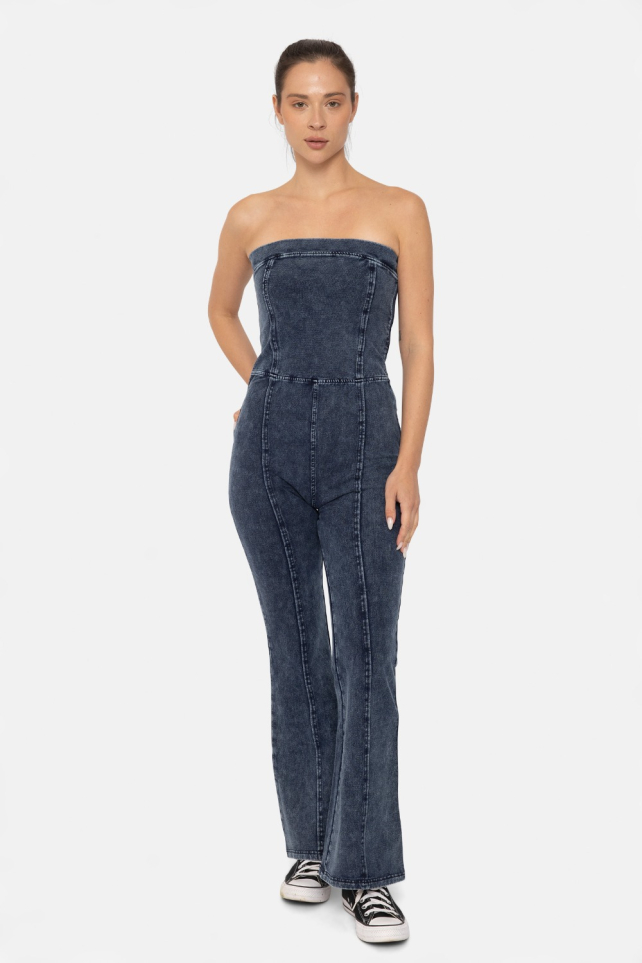 Cotton Blend Strapless Flared Jumpsuit(KPZ12408)