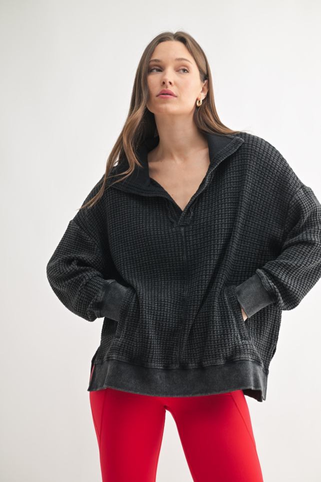 Chunky Waffle Mineral Wash Collared Sweater (KT5402)
