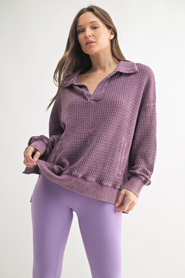 Chunky Waffle Mineral Wash Collared Sweater (KT5402)