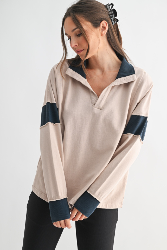 Crestline Contrast Collared Top(KT5621)