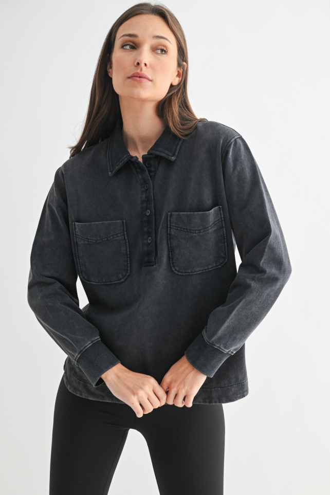 Sierra Half Button Mineral Wash Collared Shirt(KT5627)
