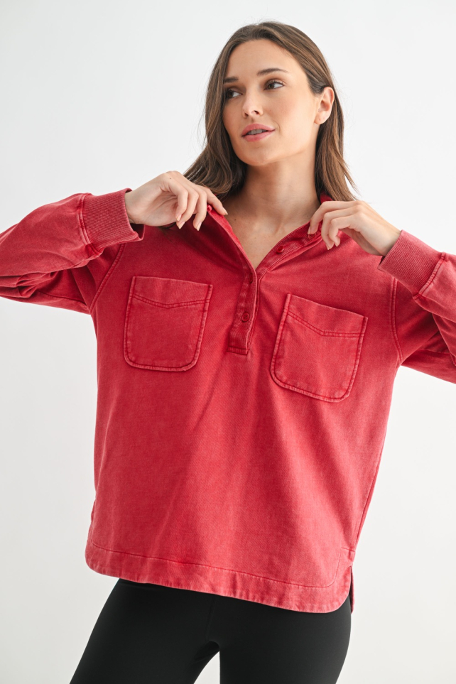 Sierra Half Button Mineral Wash Collared Shirt(KT5627)