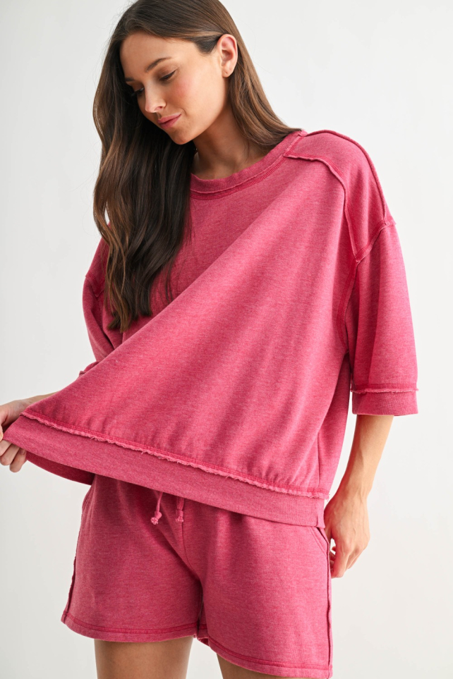 Cotton Blend Fleece Fray &frac34; Sleeve Lounge Top(KT5727)