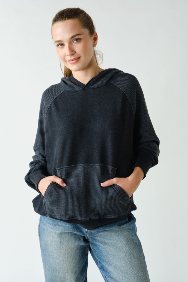 Waffle Mixed-Media Pullover Hoodie(KT5982)