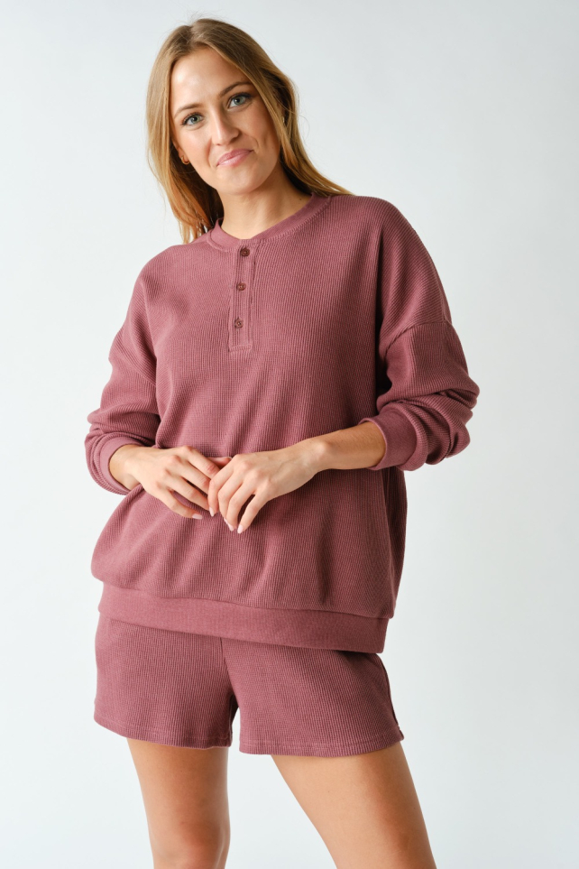 Waffle-Knit Henley Pullover(KT6164)