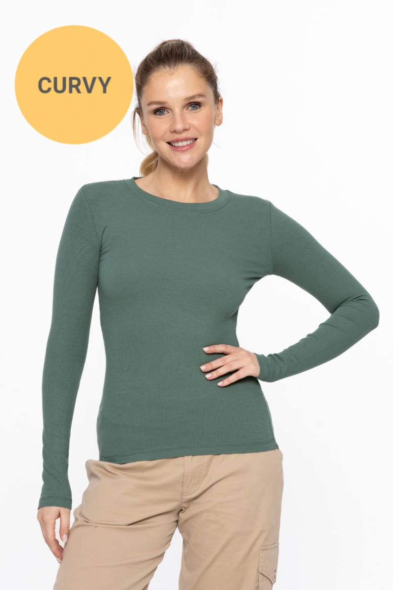 CURVY Long-Sleeved Micro-Ribbed Athleisure Top(KT11682P)