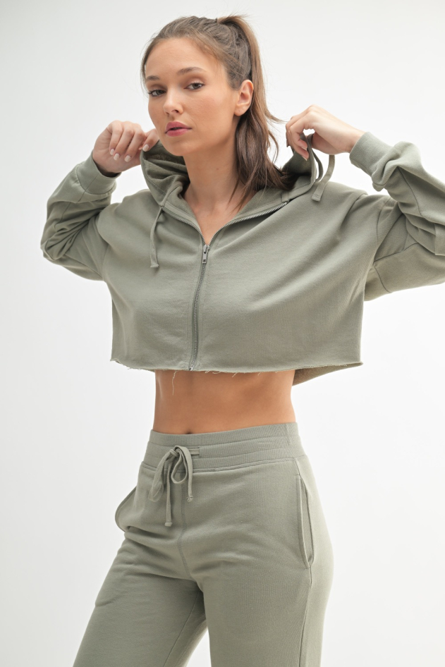 Crop Hoodie Zip-Up French Terry Jacket(9755)