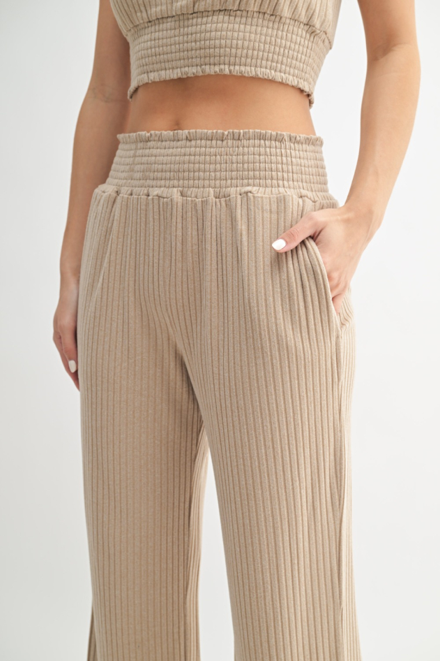 Smocked Waistband Ribbed Wide Leg Pants (KP5021)