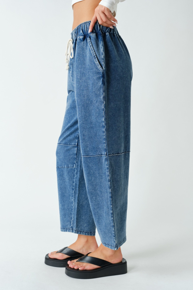 Mineral Wash Stretch-Denim Cropped Straight Leg Pants(KP5349)
