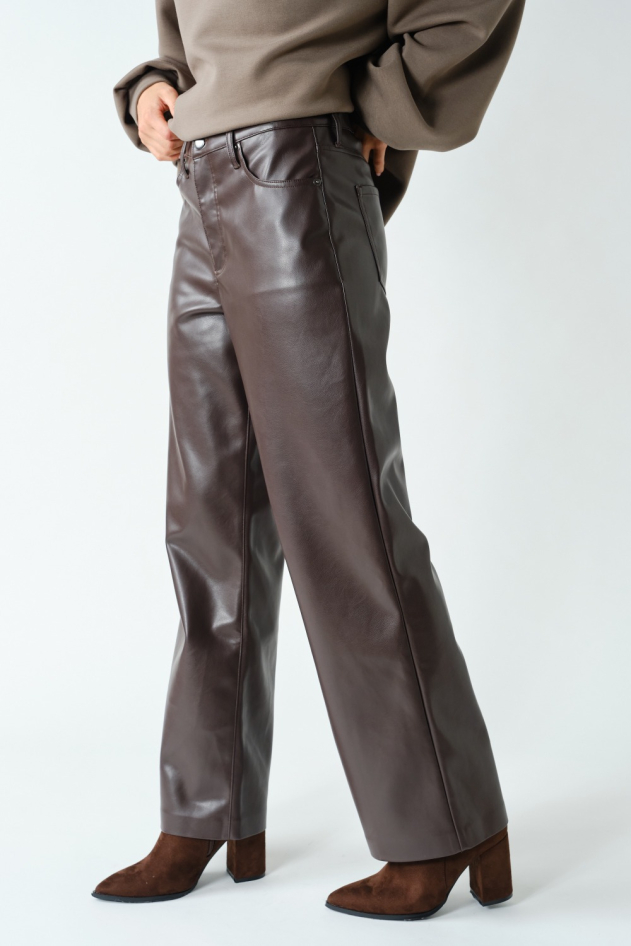 Vegan Leather High-Rise Wide Leg Pants(KP5998)