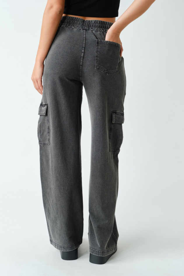 Mineral Wash Wide Leg Stretch-Denim Cotton Cargo Pants(KPR12236)