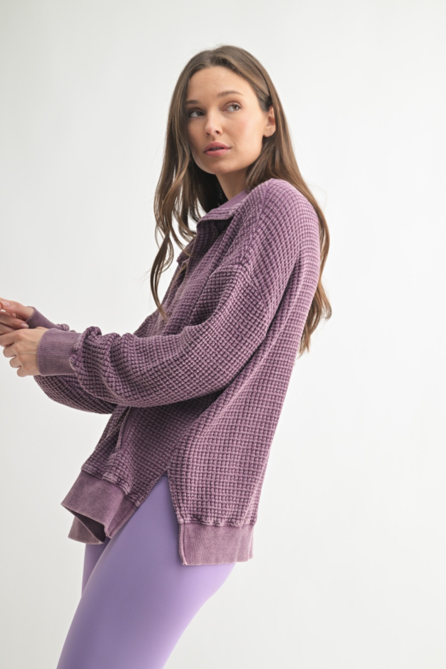 Chunky Waffle Mineral Wash Collared Sweater (KT5402)