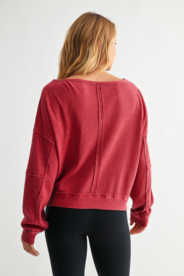 Raw Edge Waffle Knit Boatneck Pullover(KT5699)