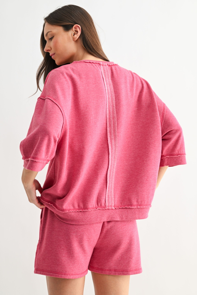 Cotton Blend Fleece Fray &frac34; Sleeve Lounge Top(KT5727)